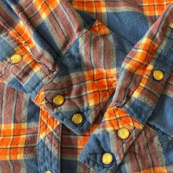 Hollister Kids Orange Blue Plaid Flannel Shirt Snap Button Long Sleeve M - Picture 4 of 10